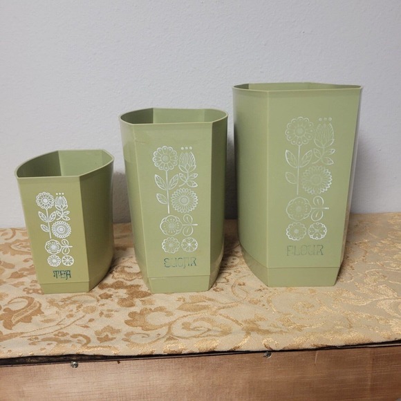 Vintage 1970's Lustro Ware Avocado Floral Plastic Nesting Canister Set Lids Box - Picture 11 of 14